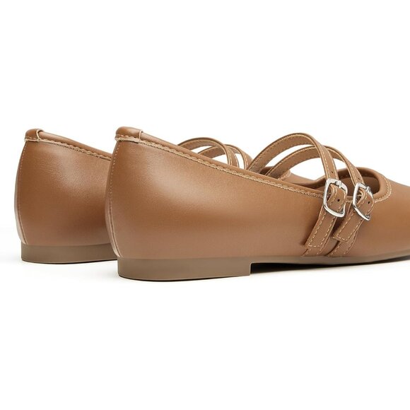 Trary Women LightBrown Polyurethane Square Toe Slip On Buckle Strap Ballet Flats - Picture 2 of 6